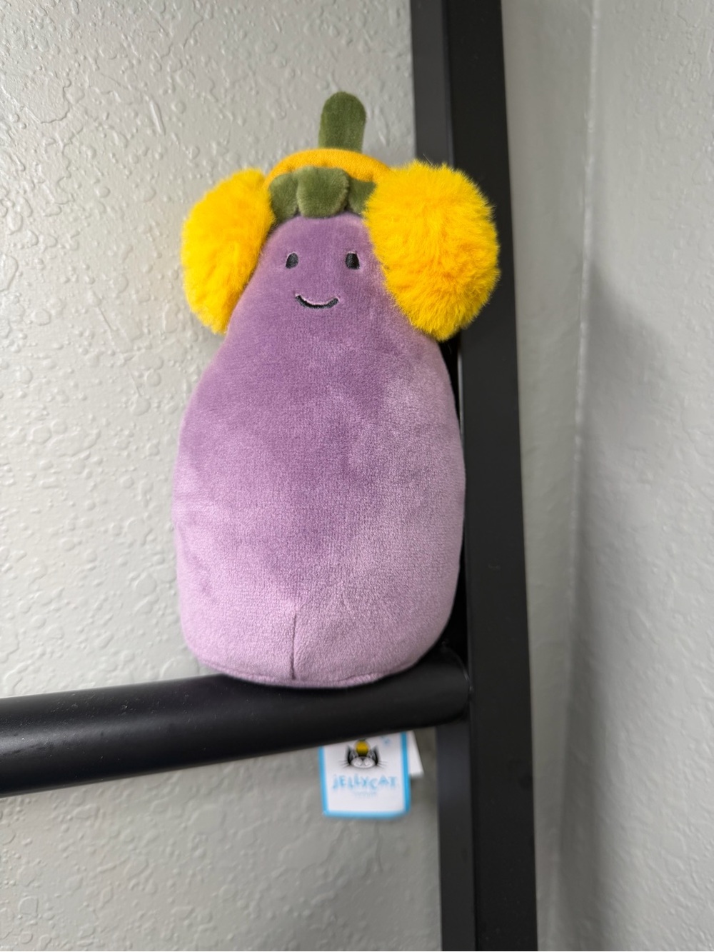 Collectible Jellycat Purple Eggplant Plush with Yellow Pom Earmuffs NWT - Picture 2 of 9